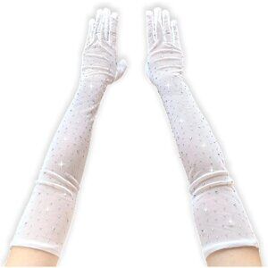 Women's Rhinestone Sparkly Mesh Sheer Gloves White Long Elbow Length Party Prom